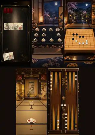 A collage of the five Red Seal game tables: Hanafuda, Shell Game, Mini Go, Tōsenkyō and Ban Sugoroku.